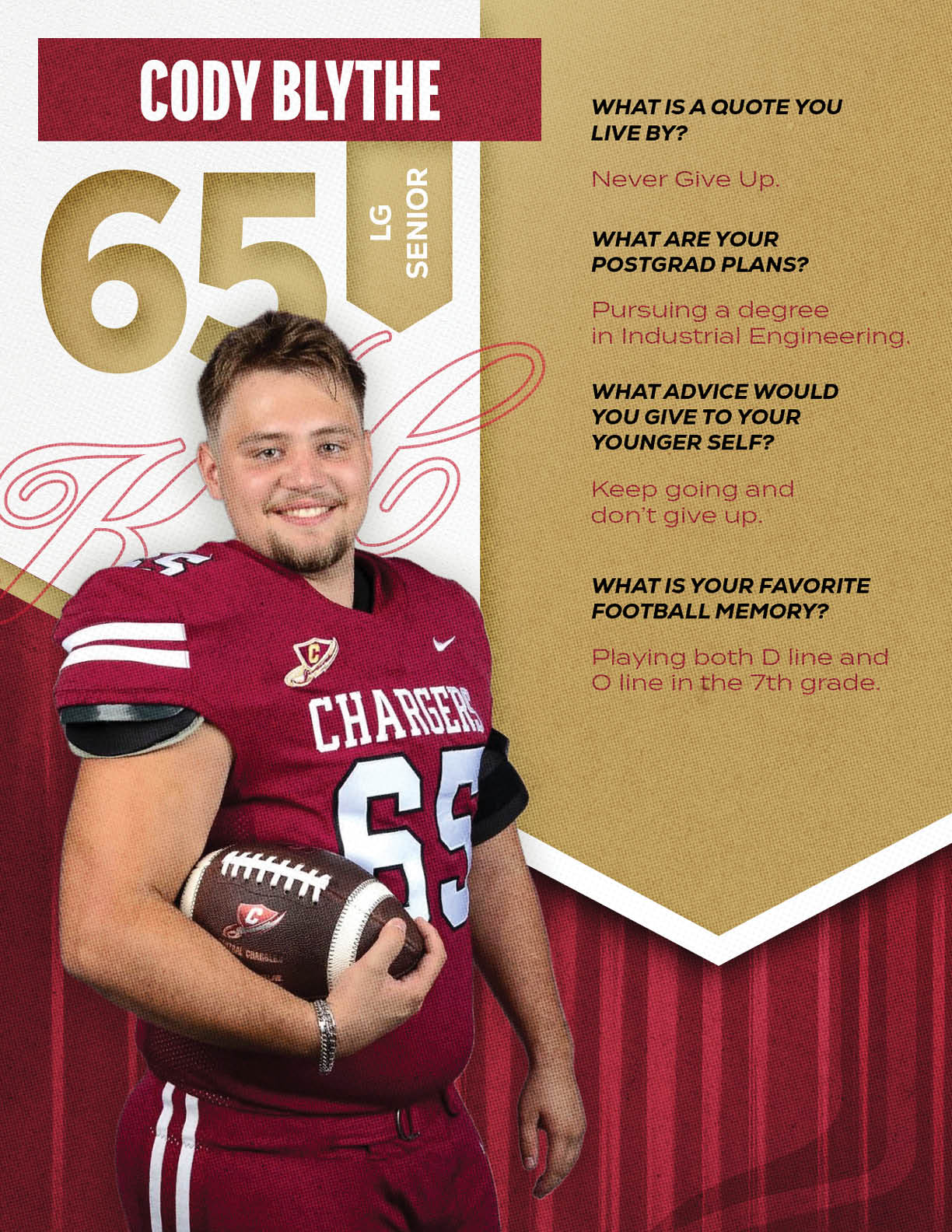 An adult wearing a football uniform with the number 65 is holding a football and smiling next to text sharing personal quotes and future plans. Description generated by AI