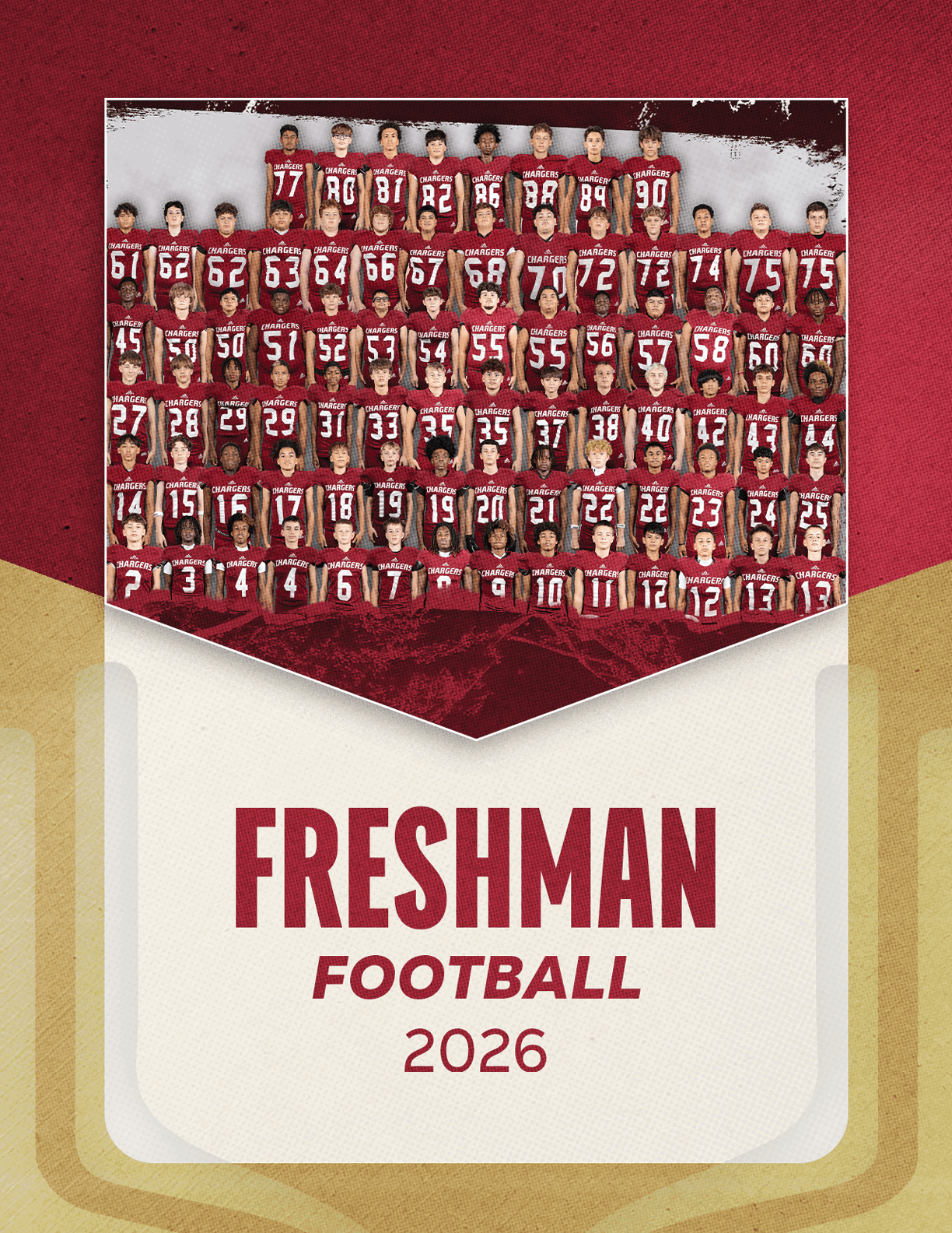 A group of people wearing matching maroon football uniforms pose in rows above bold text reading Freshman Football 2026 on a textured maroon and white background. Description generated by AI