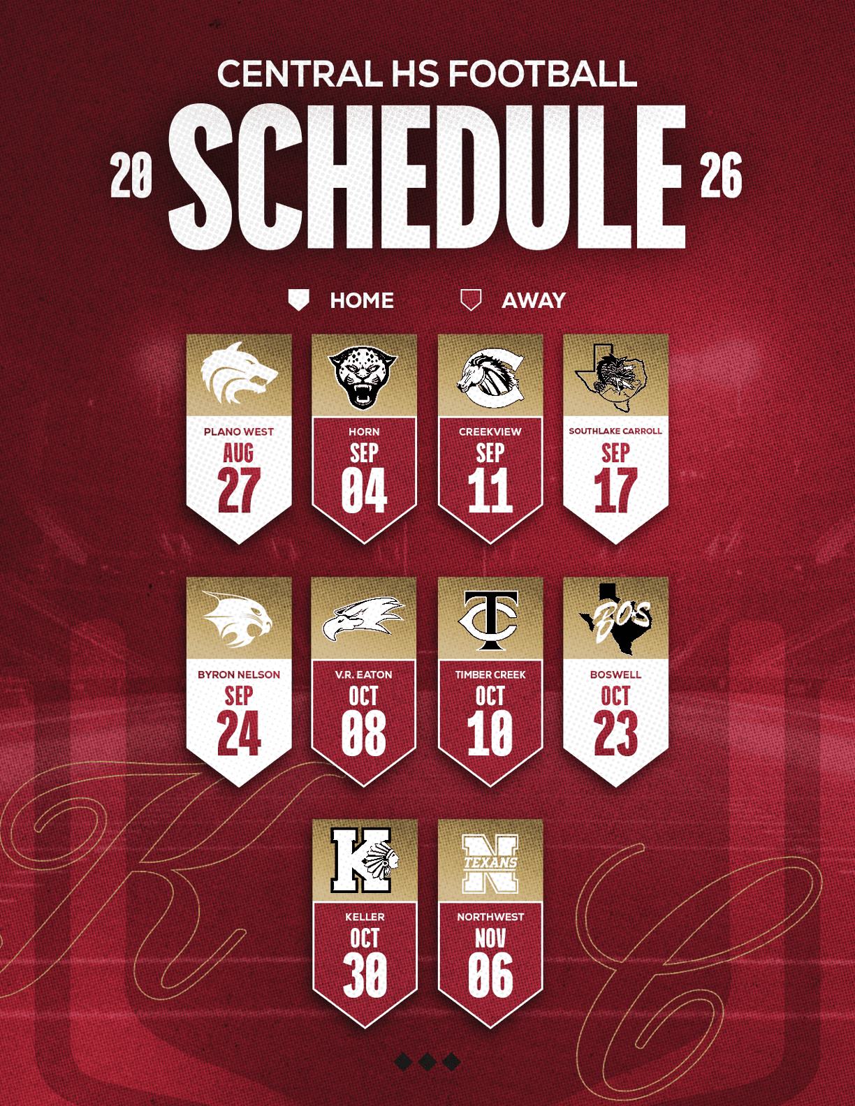 Central High School football schedule for 2026 displays home and away games with dates and team logos on a maroon textured background. Description generated by AI