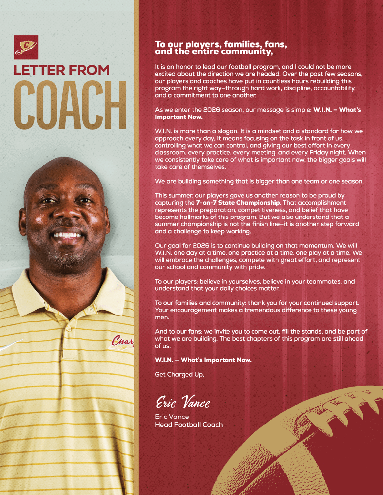 A person wearing a striped polo shirt smiles next to a letter from a football coach addressing players, families, and fans about team values and upcoming season goals. Description generated by AI