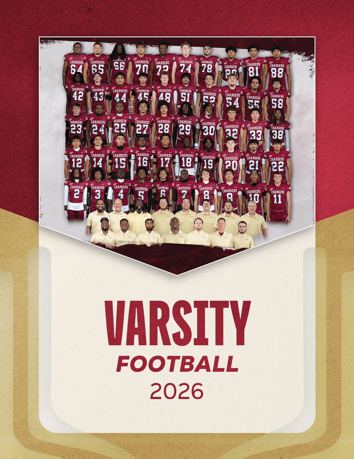 A formal group photo of a varsity football team in maroon uniforms with coaches in light-colored shirts arranged in rows above the text “VARSITY FOOTBALL 2026" on a textured background. Description generated by AI