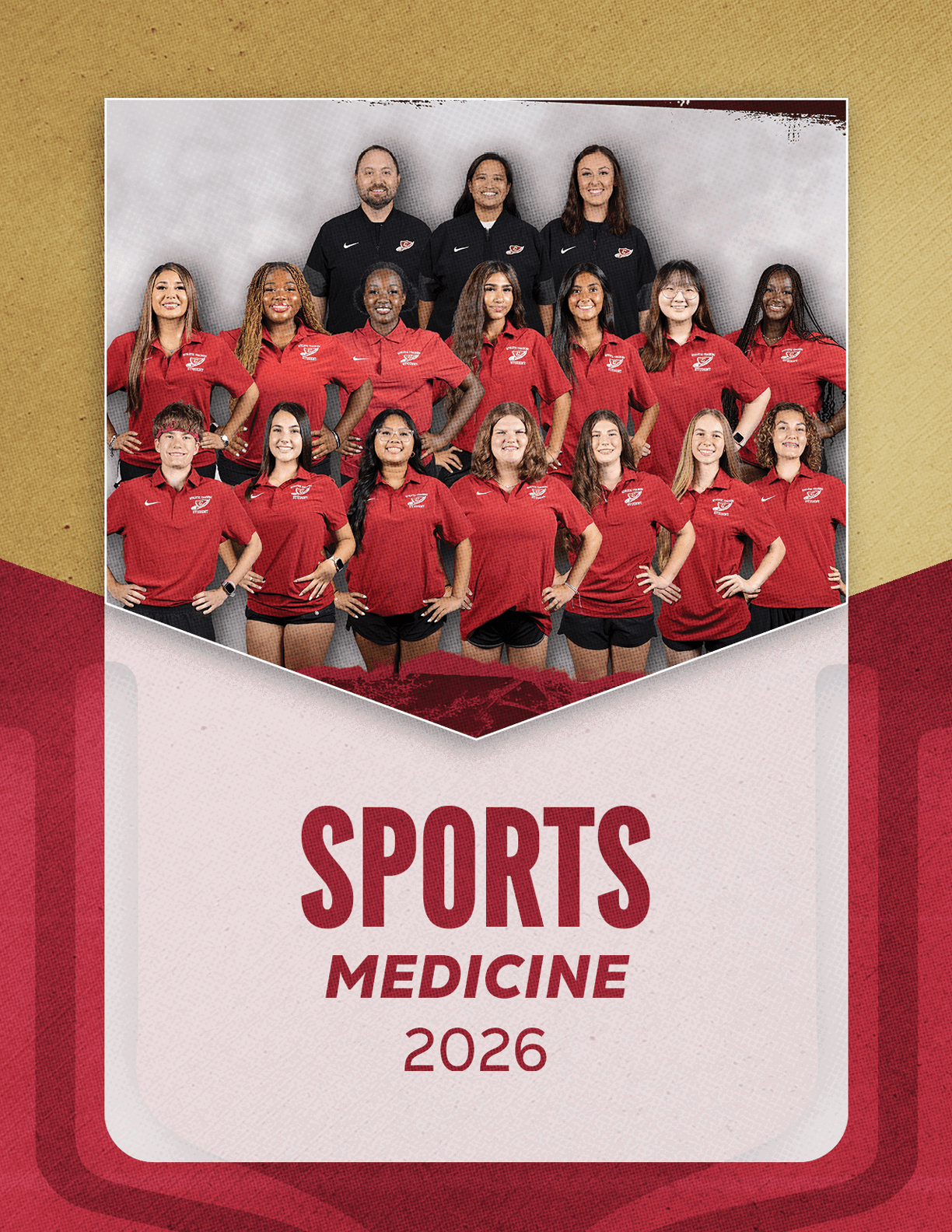 A group of adults wearing matching red and black sports uniforms pose together above the text sports medicine 2026 on a textured background. Description generated by AI