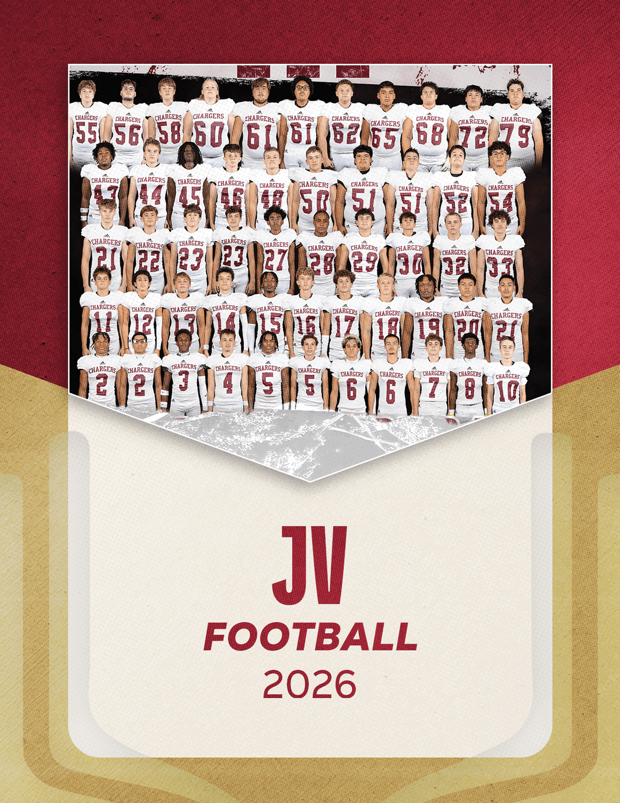 A large group of people wearing matching football uniforms pose for a team photo above the text JV Football 2026 on a maroon and beige background. Description generated by AI