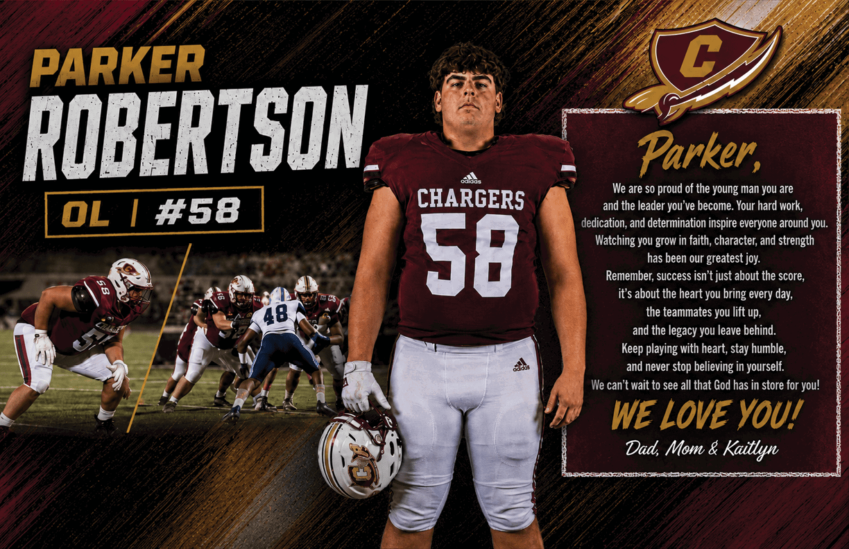 A person in a football uniform with the number 58 stands confidently in the center with a helmet in hand, alongside action shots of a football game and a message expressing pride and encouragement from family. Description generated by AI