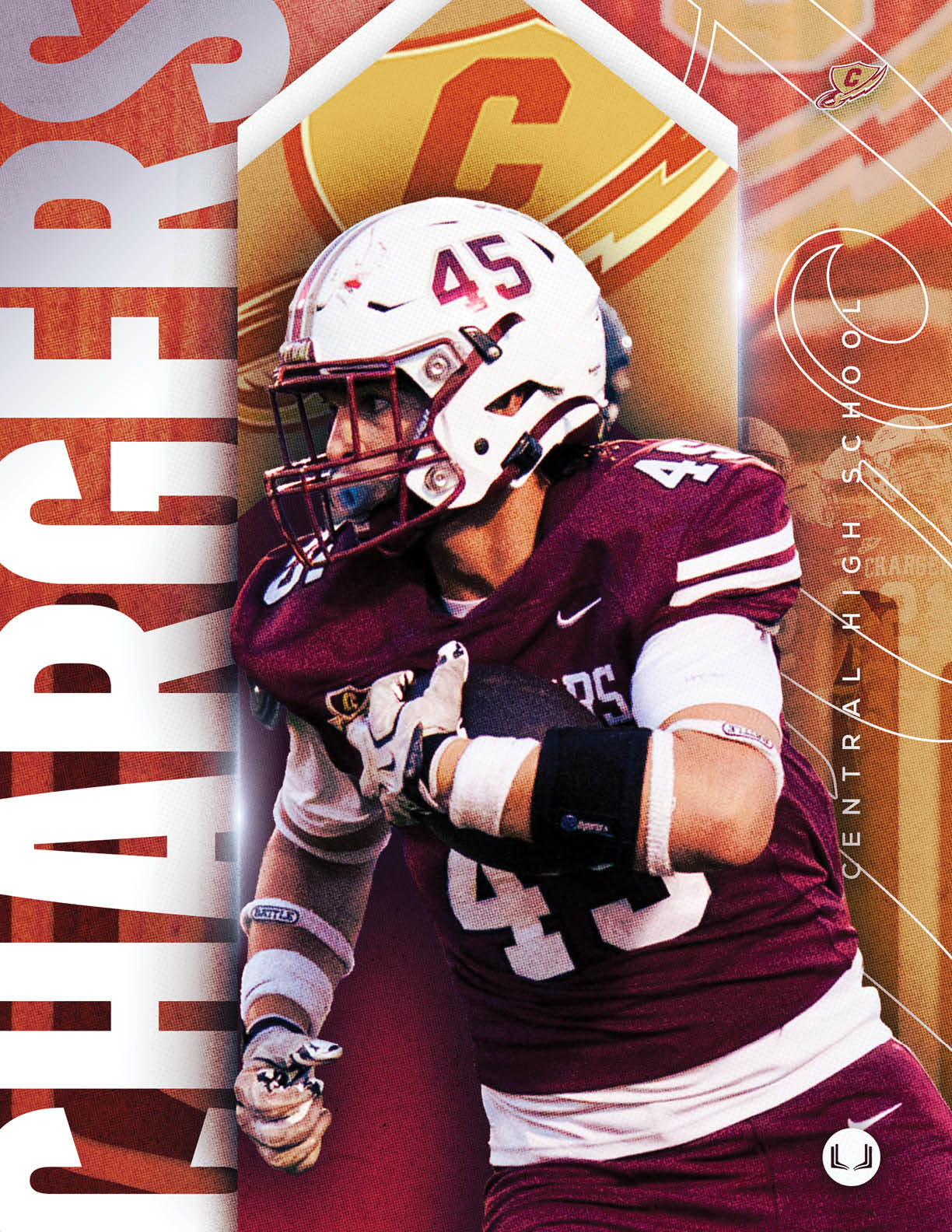 A person in a maroon football uniform with the number 17 and a helmet is adjusting their gloves with a large gold chain and pendant around their neck against a red and black background featuring faded images of the same uniform and text reading “Central's Story of the Season." Description generated by AI
