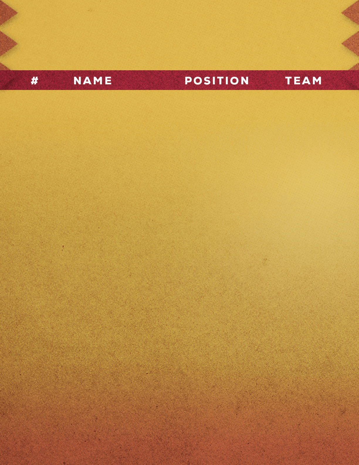 A yellow and red textured background with a red horizontal bar containing the words number, name, position, and team in white uppercase letters. Description generated by AI