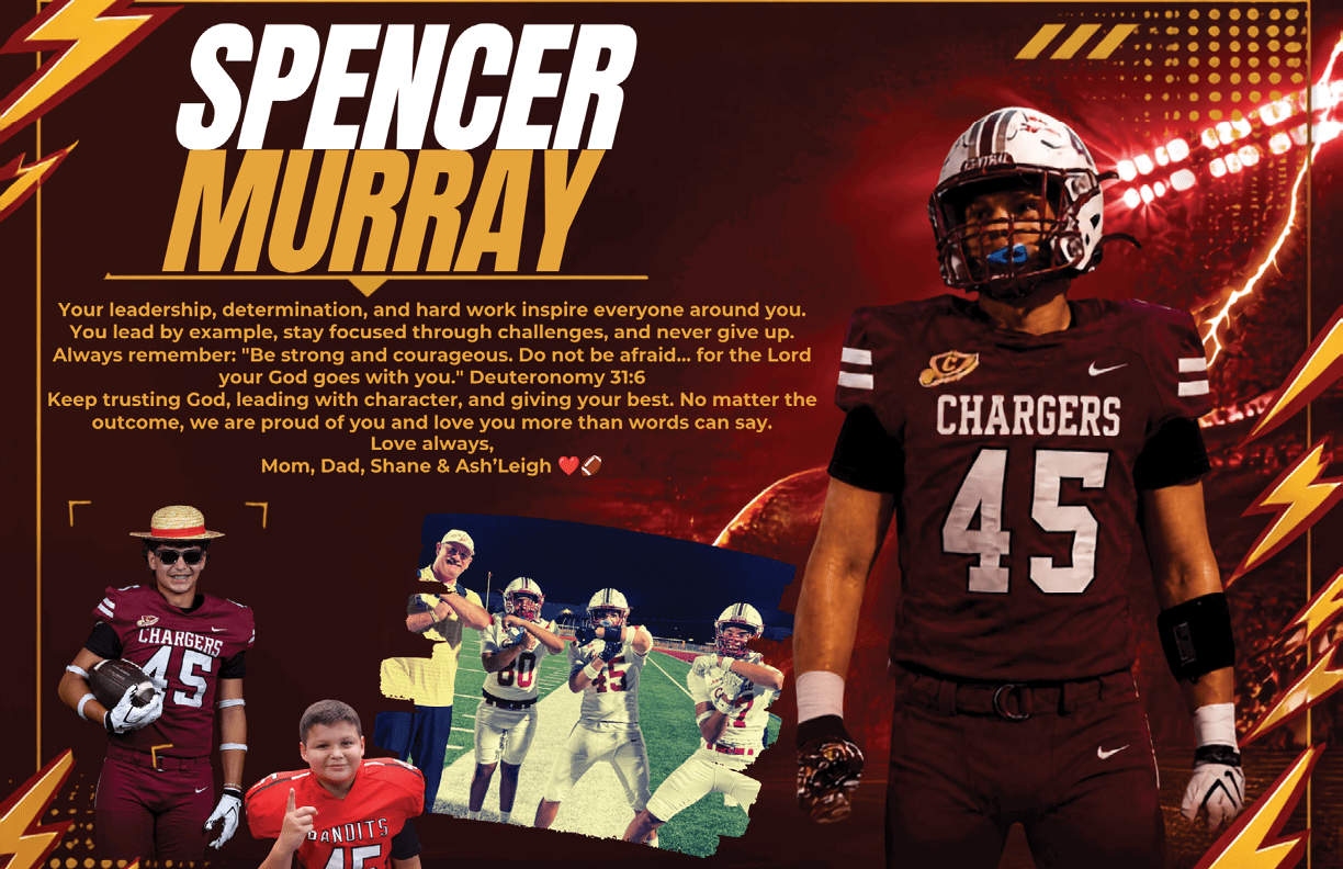 A sports tribute graphic features a person in a football uniform with the number 45 and the word Chargers, accompanied by motivational text about leadership and determination, along with smaller images of the same person in various football poses and casual clothing. Description generated by AI