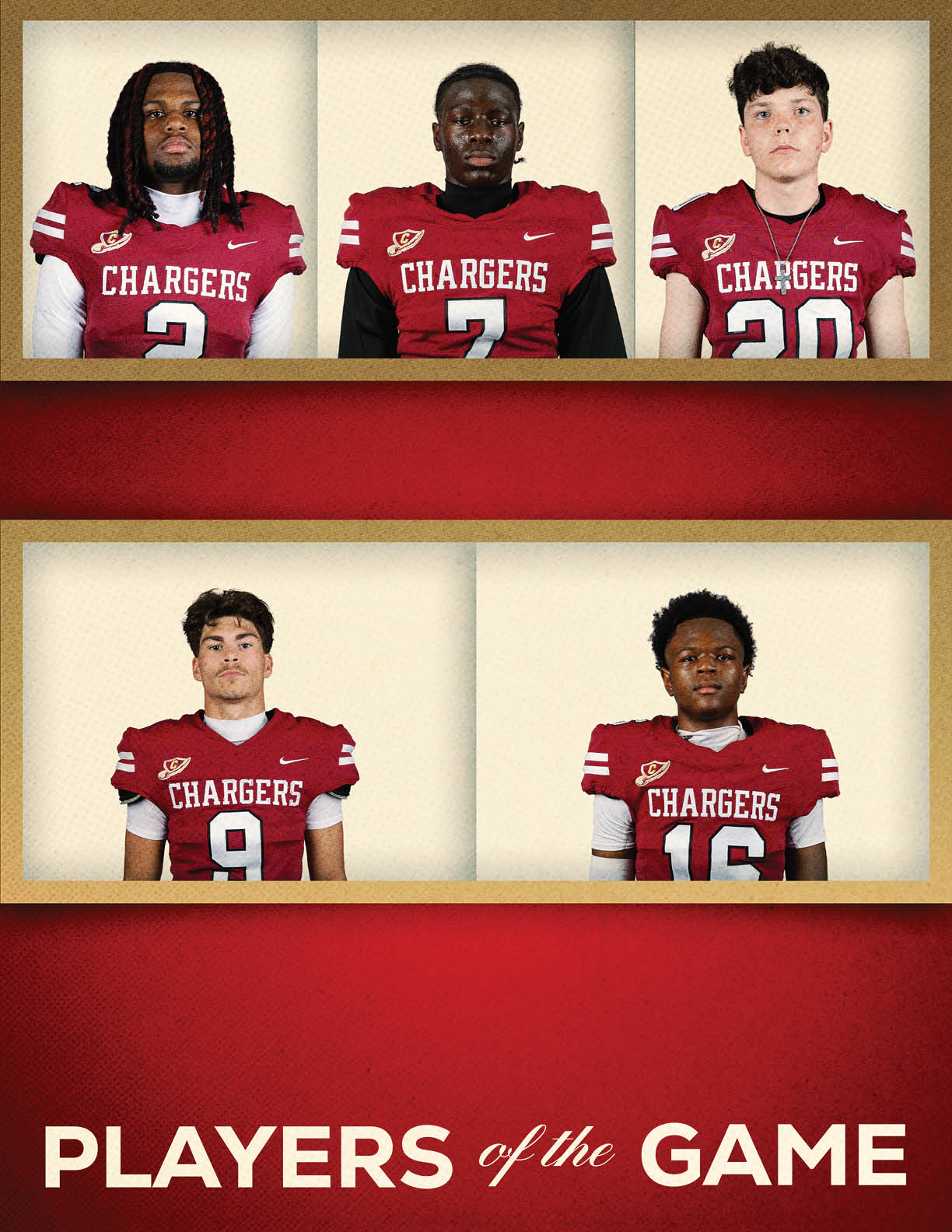 Four people wearing red Chargers football jerseys are shown in a grid layout with the text Players of the Game below them. Description generated by AI