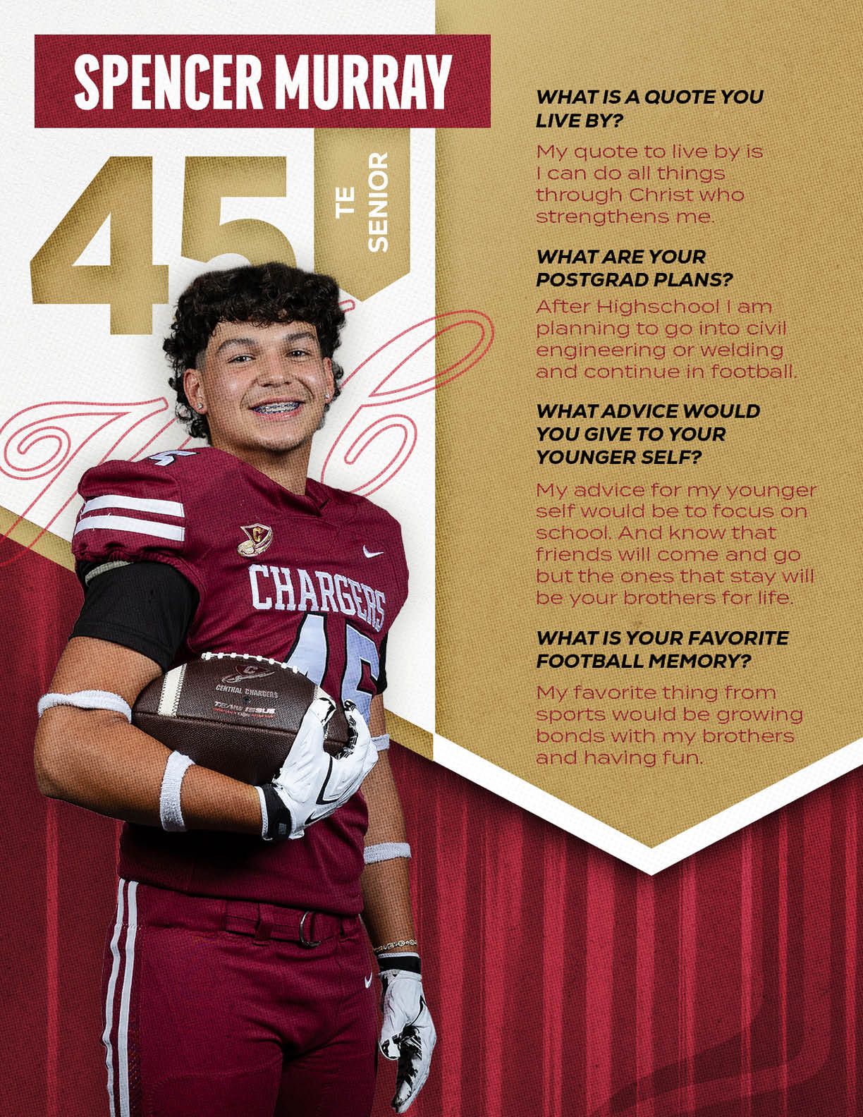 A person in a maroon football uniform holding a football stands next to text featuring their name Spencer Murray, senior status, and answers about their life quote, postgrad plans, advice to younger self, and favorite football memory. Description generated by AI