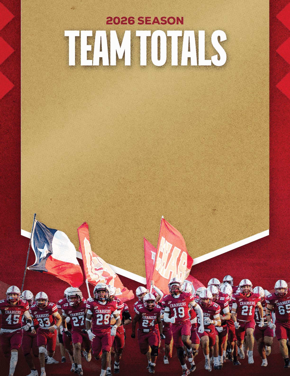 A group of people in matching sports uniforms are running forward on a field while holding flags, with a large banner above them reading 2026 Season Team Totals. Description generated by AI