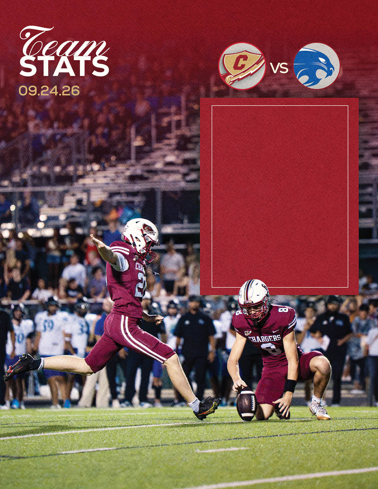Two people in maroon football uniforms are on a field with one kicking a football held by the other, with a blurred crowd in the background and a graphic showing team logos and the date 09.24.26. Description generated by AI