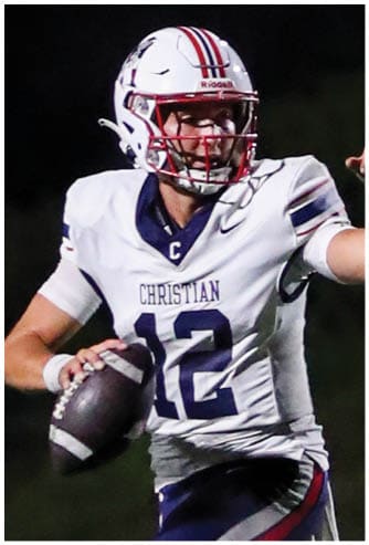 A football player running on the field. Description generated by AI