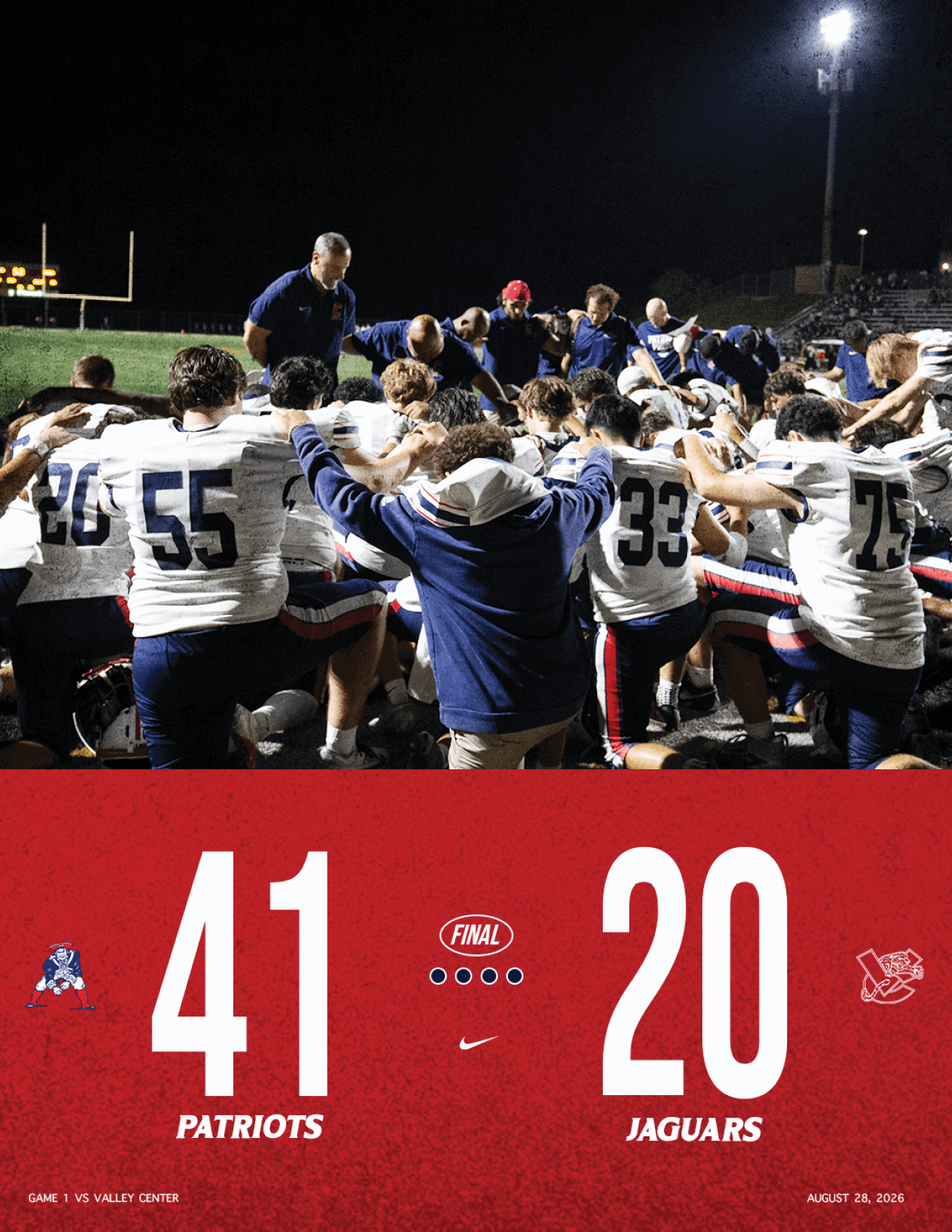 A group of football players and coaches kneel together on a field at night in a huddle while a scoreboard below shows the Patriots leading the Jaguars. Description generated by AI