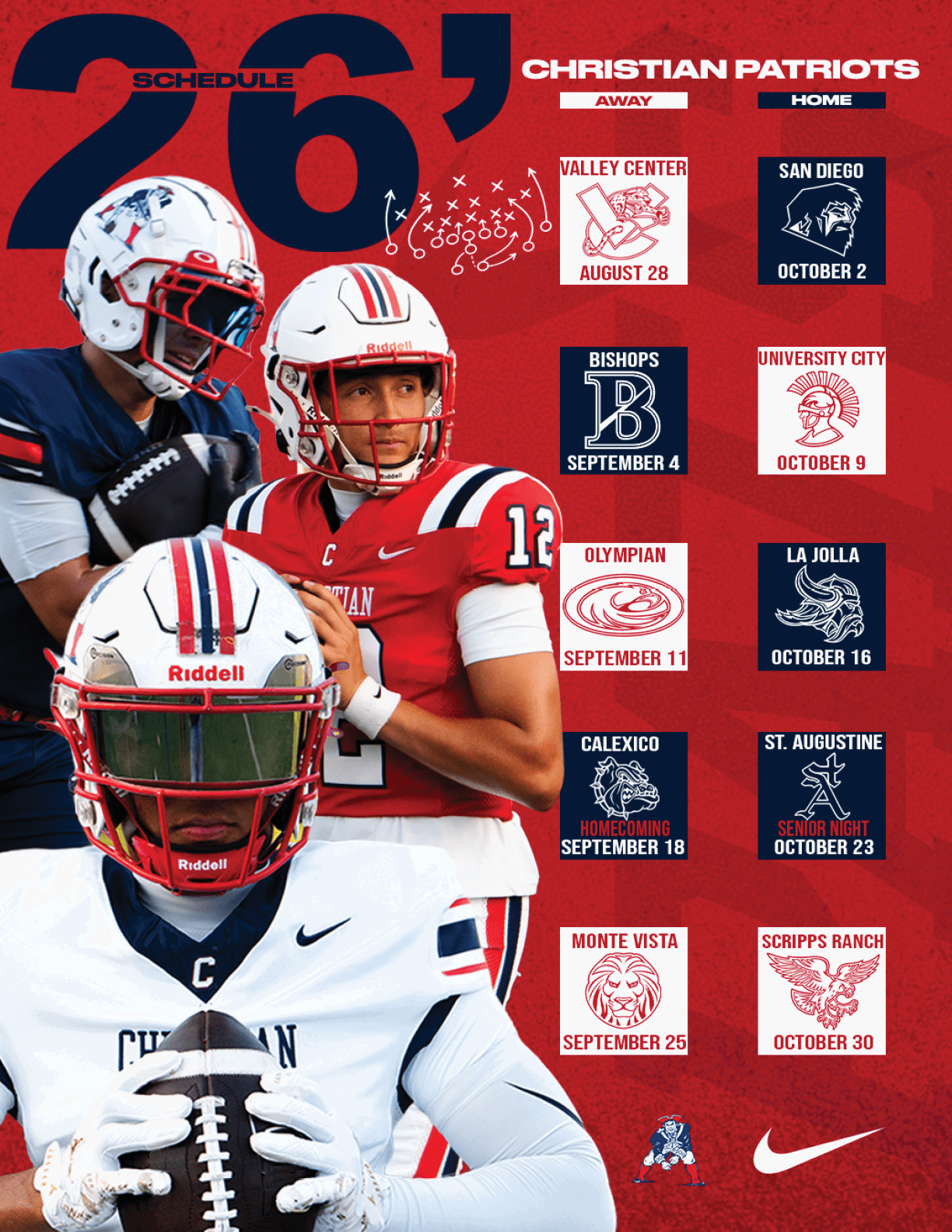 Three people in football uniforms and helmets hold footballs in front of a red background with a schedule of Christian Patriots football games and team logos. Description generated by AI
