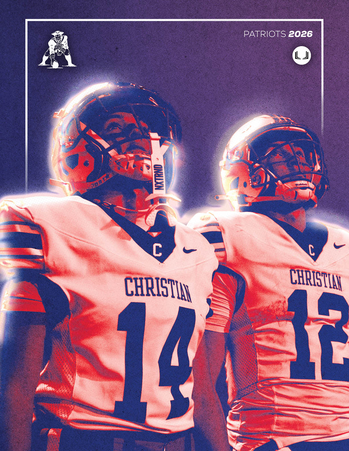 Two people wearing football helmets and white jerseys with the word Christian and numbers 14 and 12 stand side by side against a purple background with the text Patriots 2028. Description generated by AI