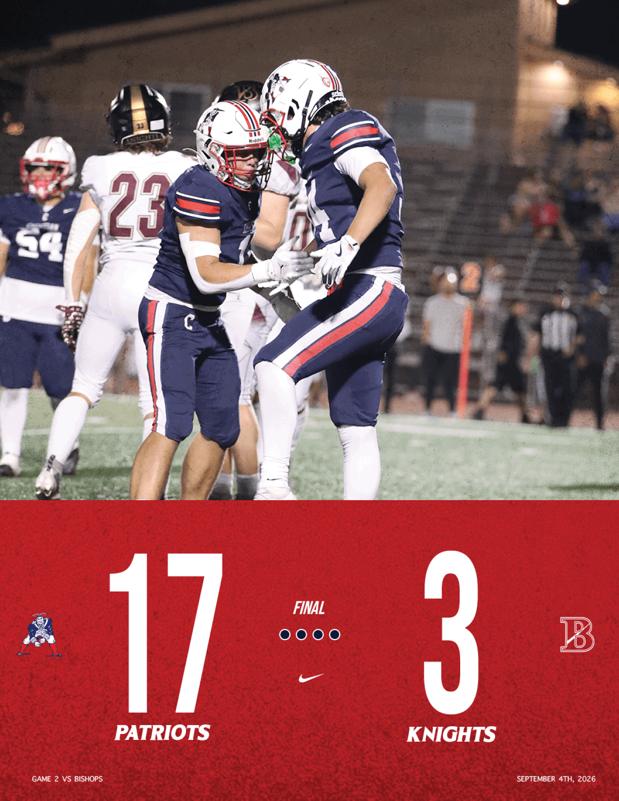 Two football players in blue uniforms celebrate on the field while players in white uniforms stand nearby, with a scoreboard showing the Patriots leading the Knights. Description generated by AI