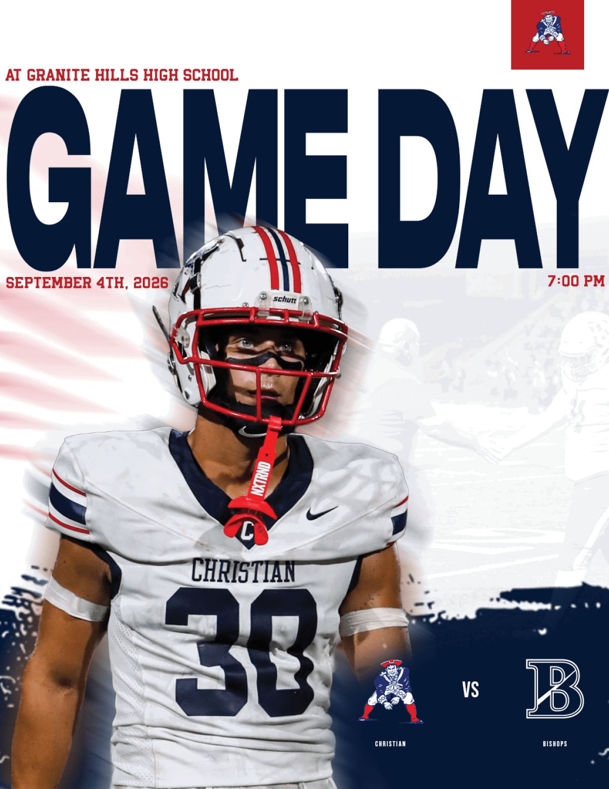 A person in a football uniform with the number 30 stands in front of a graphic announcing a high school football game day at Granite Hills High School on September 4th, 2028, at 7:00 PM between teams Christian and B. Description generated by AI
