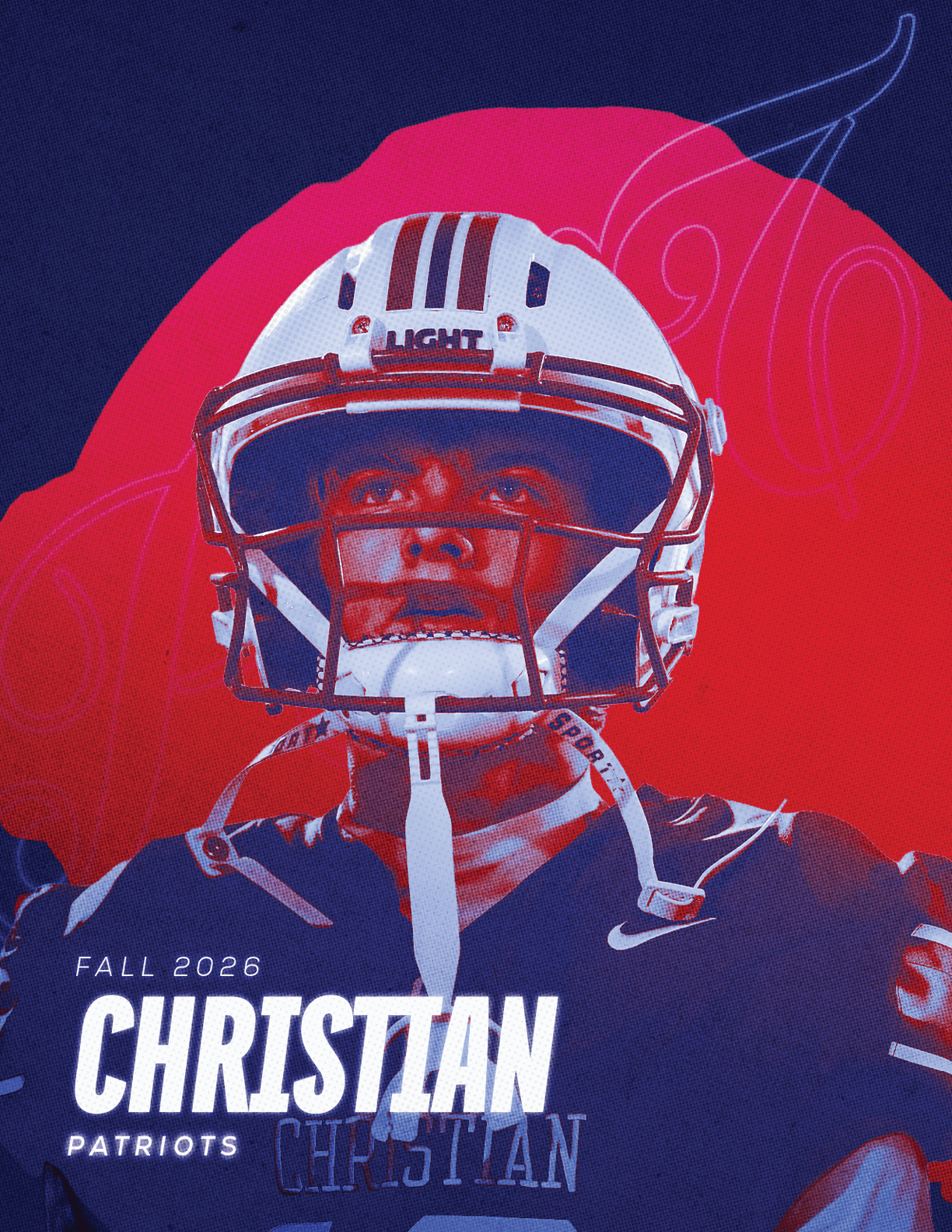 A person wearing a football helmet and uniform stands against a red and blue background with the text “Fall 2023 Christian Patriots" displayed. Description generated by AI