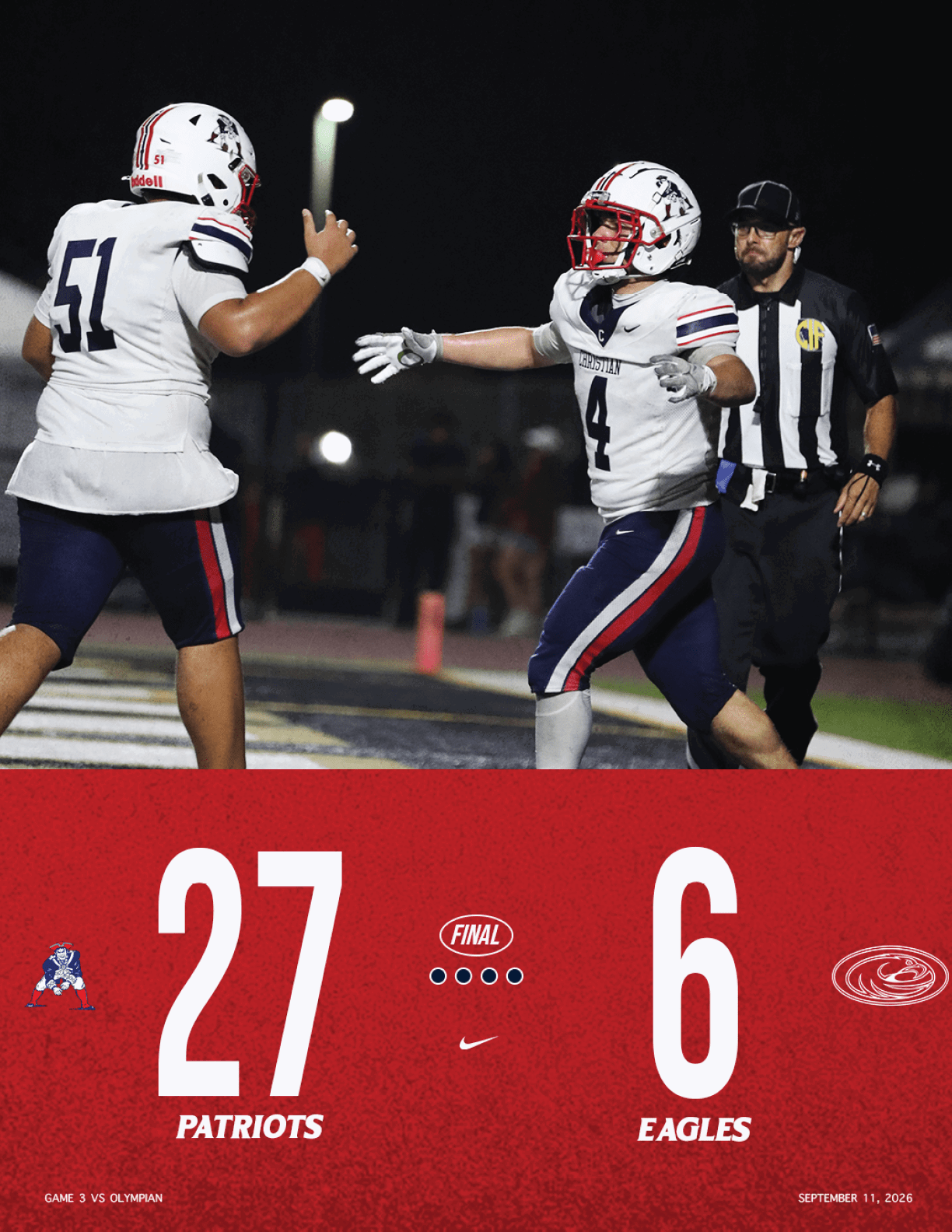 Two football players in white uniforms celebrate on the field while a referee watches, with a scoreboard showing the Patriots leading the Eagles. Description generated by AI