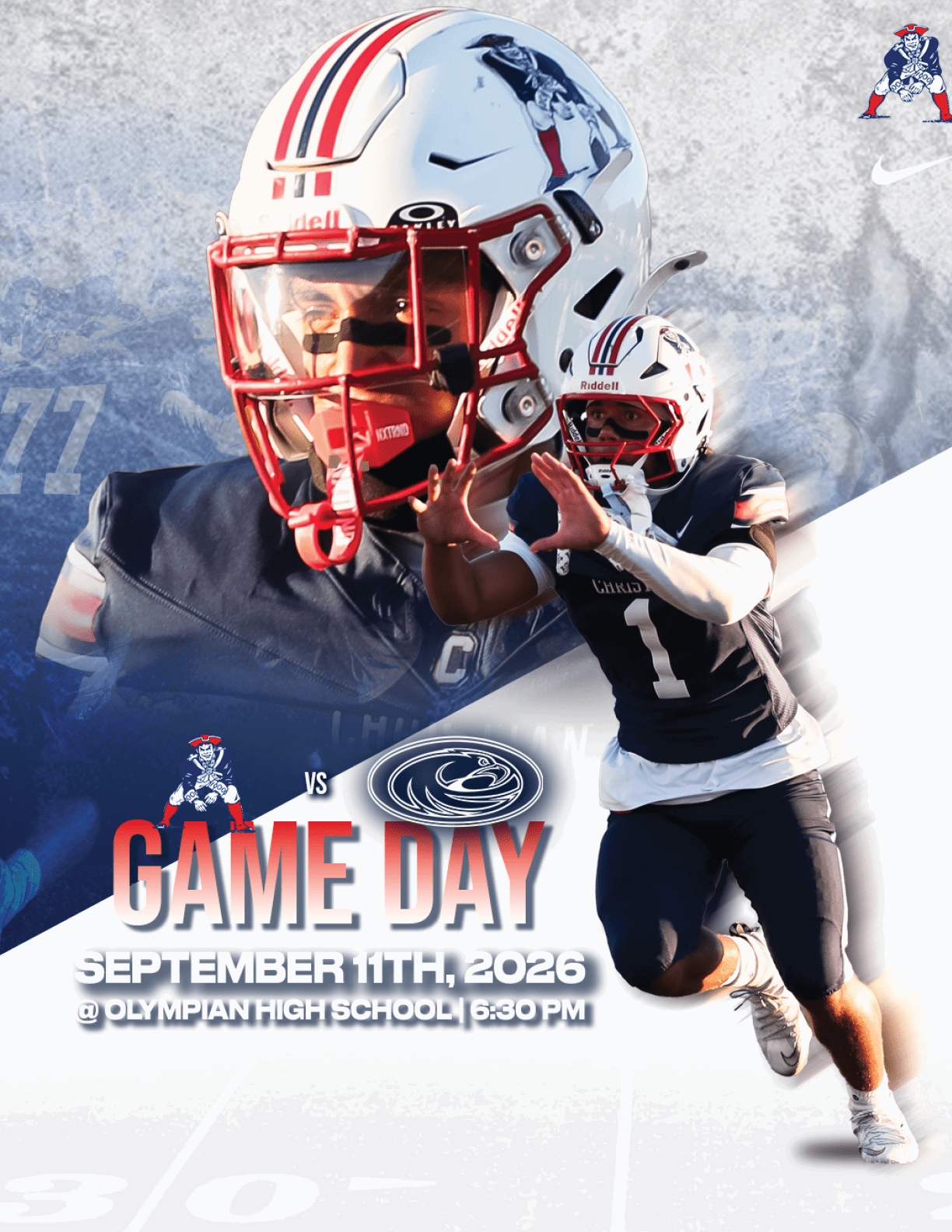 A person in a football uniform is running with a football while a large close-up of their helmeted head is in the background, with text announcing a game day on September 11th, 2026 at Olympian High School. Description generated by AI