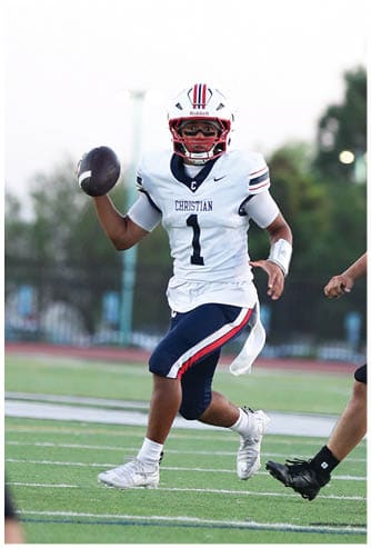 A football player running on the field. Description generated by AI