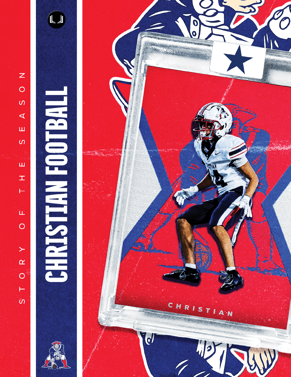 A stylized graphic features a person in football gear poised in an athletic stance on a red background with blue and white accents, accompanied by the text “Christian Football" and "Story of the Seesen." Description generated by AI