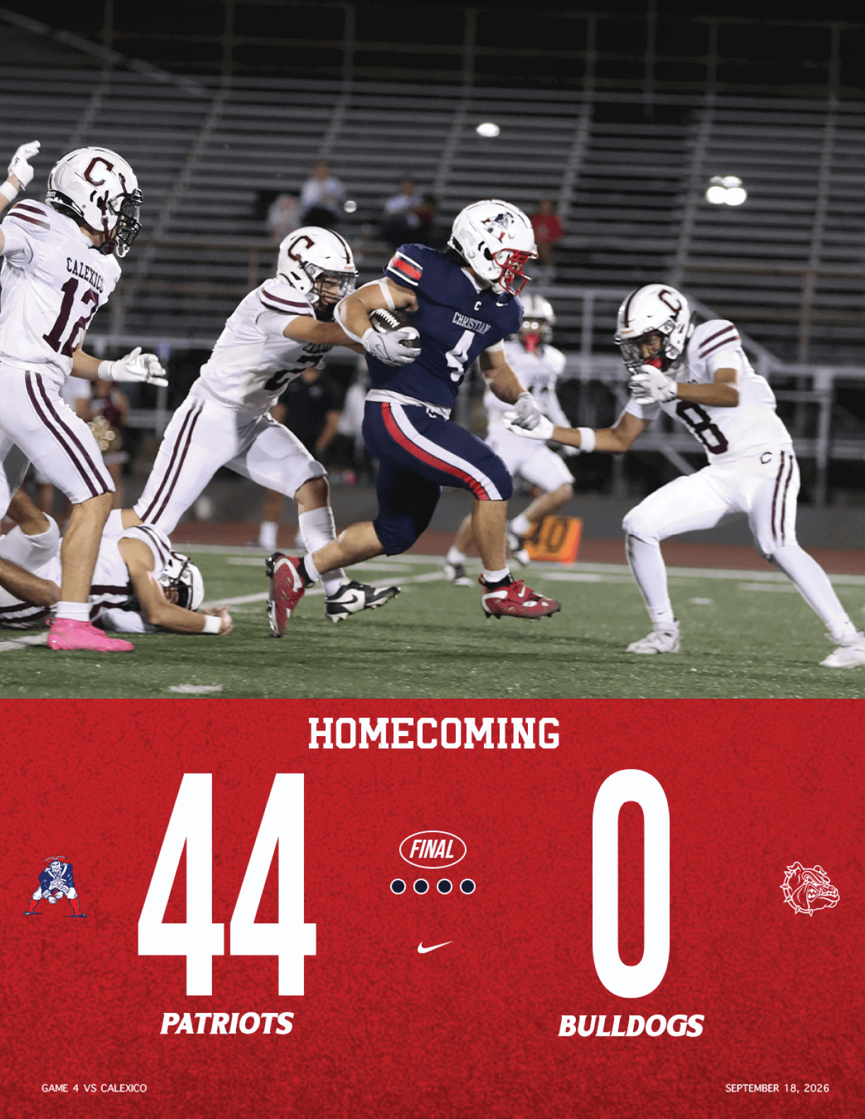 A football player in a dark uniform is running with the ball while being pursued by several players in white uniforms on a field with empty bleachers in the background and a scoreboard showing a homecoming game score. Description generated by AI