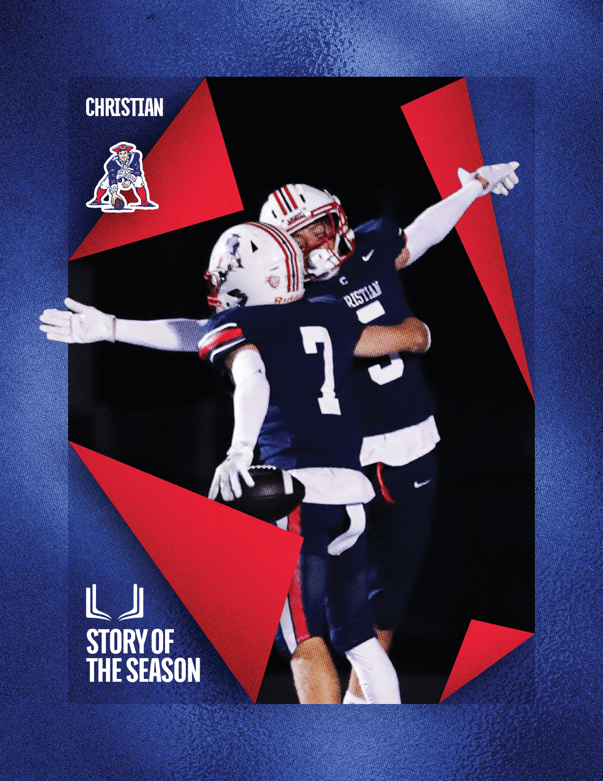 Two people in football uniforms celebrating on a field with a blue and red graphic background and text reading “Christian" and "Story of the Season." Description generated by AI