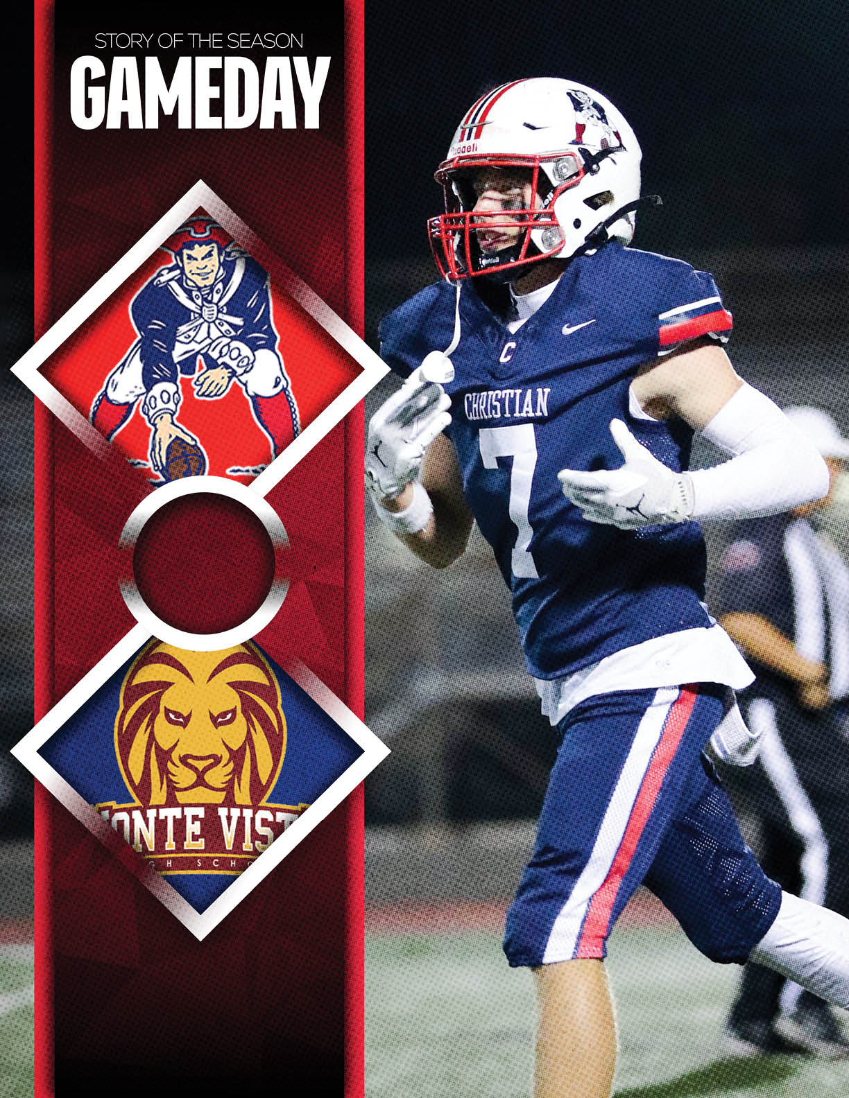 A person in a blue and white football uniform with the number seven is running on a field with a red and white helmet and white gloves, next to a vertical graphic showing two high school logos and the text “Story of the Season Gameday." Description generated by AI