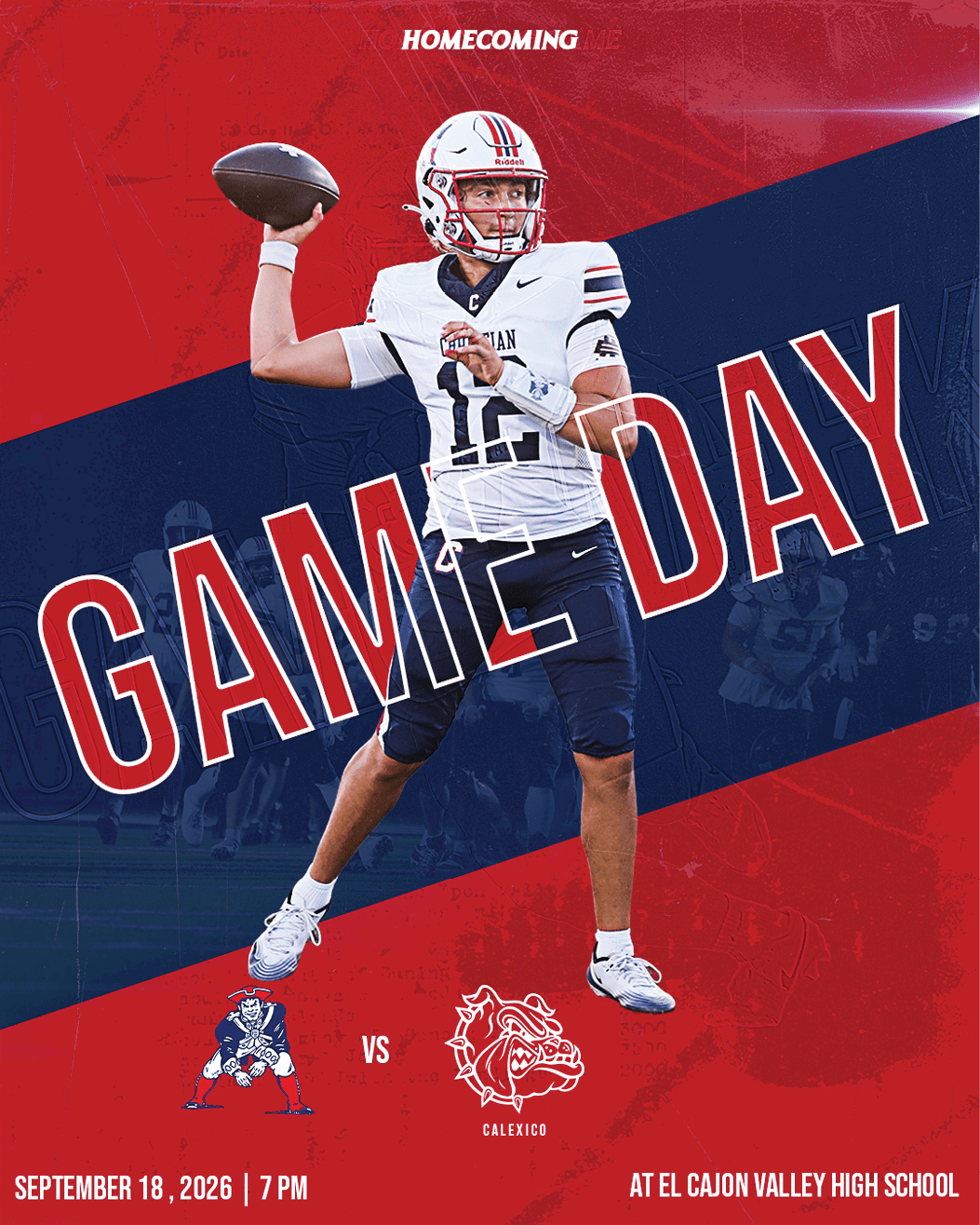 A person in a football uniform is preparing to throw a football with the text “GAME DAY" and details about a homecoming game between two teams at Cajon Valley High School. Description generated by AI