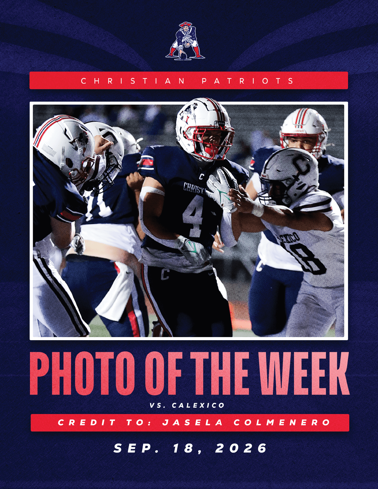 A group of people in football uniforms actively engaged in a game with one person holding the ball while others attempt to block or tackle. Description generated by AI