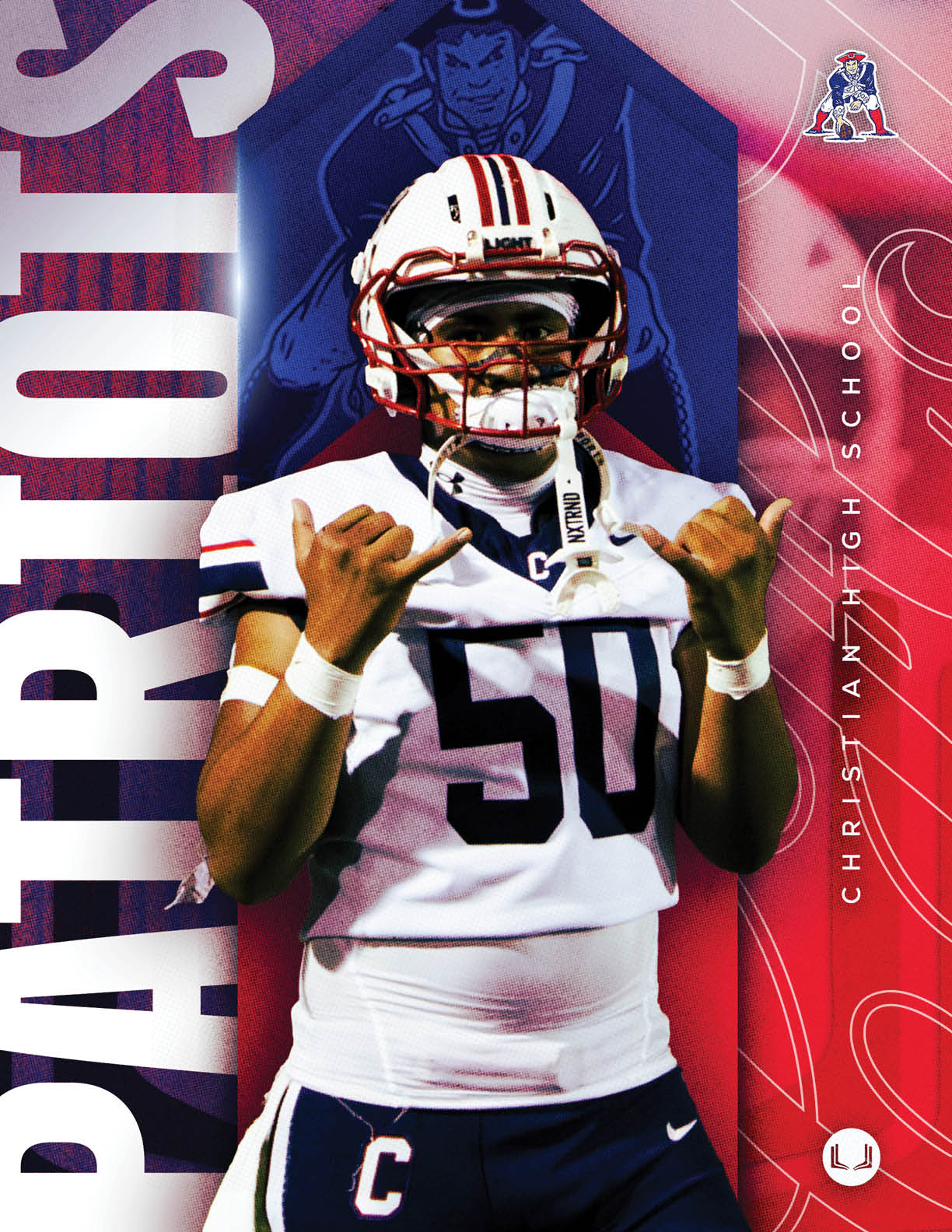 Two people in football uniforms celebrating on a field with a blue and red graphic background and text reading “Christian" and "Story of the Season." Description generated by AI