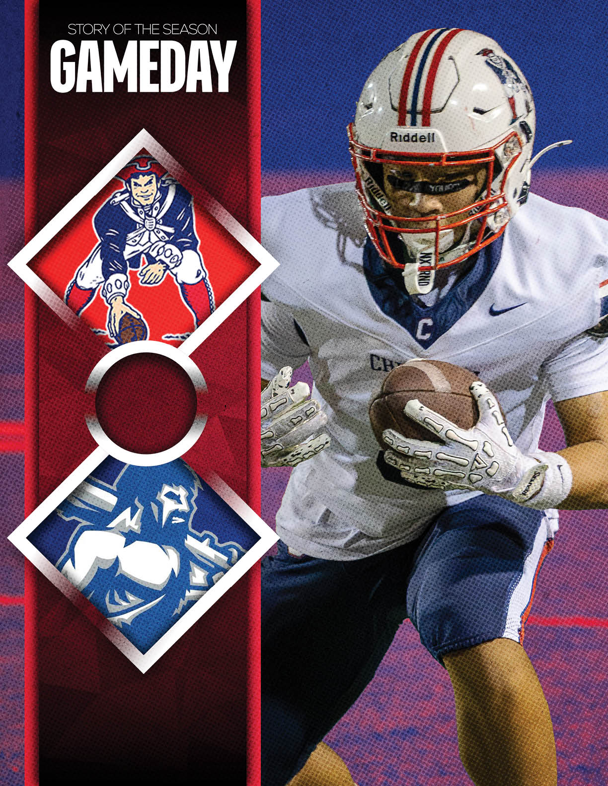 A person in a blue and white football uniform with the number seven is running on a field with a red and white helmet and white gloves, next to a vertical graphic showing two high school logos and the text “Story of the Season Gameday." Description generated by AI