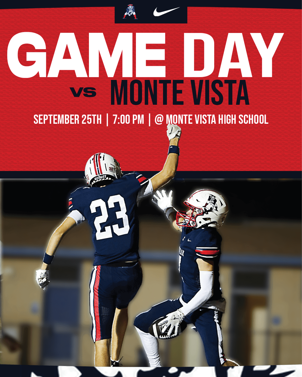 Two football players in navy uniforms celebrate on a field under stadium lights with a red banner above announcing a game day event against Monte Vista at Monte Vista High School. Description generated by AI