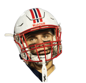 A person wearing a white football helmet with red stripes and a white jersey is looking slightly upward with a focused expression. Description generated by AI