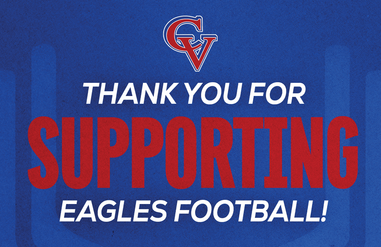 Thank you message in bold red and white text on a blue background expressing gratitude for supporting Eagles Football with a stylized CV logo above. Description generated by AI