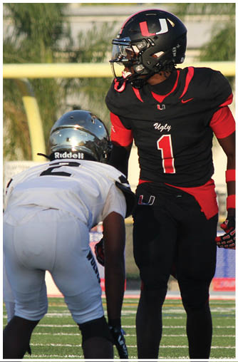 A football player running on the field. Description generated by AI