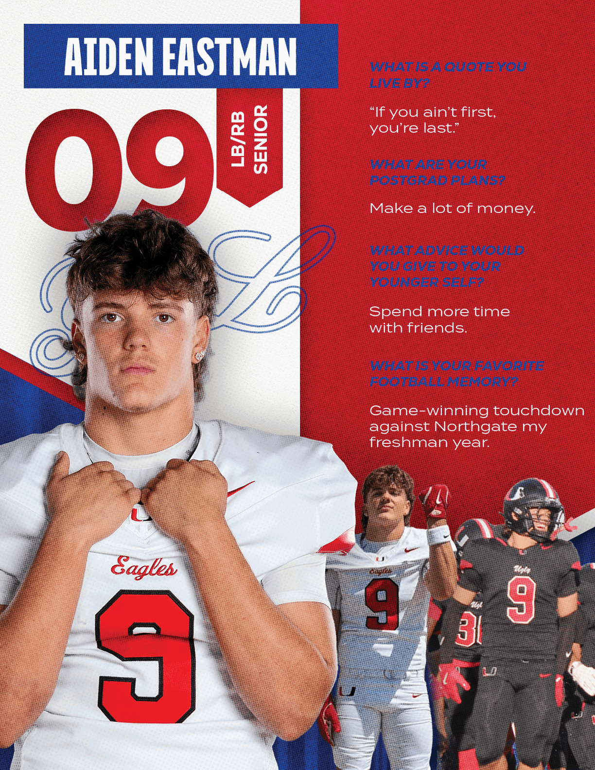 A person wearing a white football jersey with the number nine stands confidently with hands near the collar, alongside smaller images of the same person in different football poses and text about their favorite football memory and post-grad plans. Description generated by AI