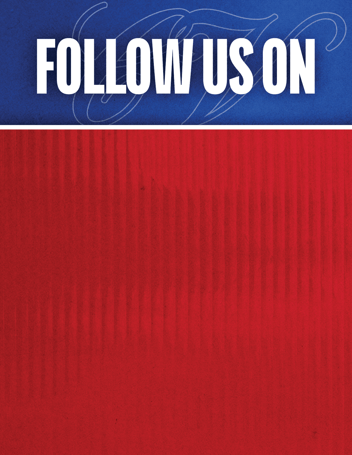 A black and red sign that says Follow Us On. Description generated by AI