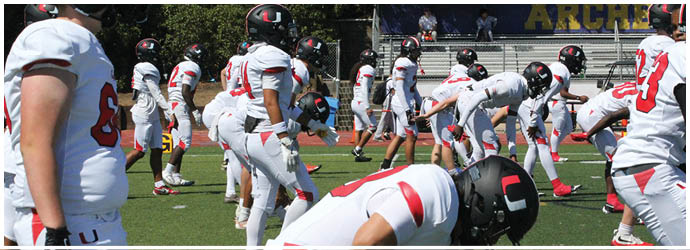 A group of football players on a field. Description generated by AI