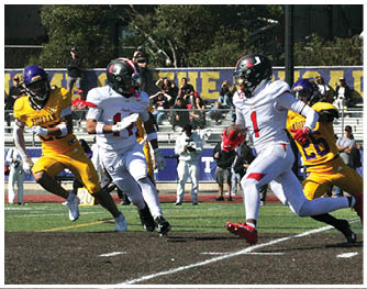 A football player running on the field. Description generated by AI