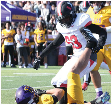 A football player wearing a blue and red jersey. Description generated by AI