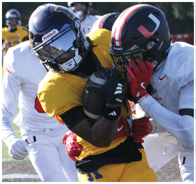 A football player wearing a blue and red jersey. Description generated by AI