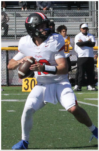 A football player running on the field. Description generated by AI