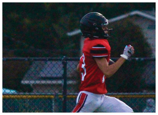 A person wearing a red football jersey and white pants is running on a field with a chain-link fence and trees in the background. Description generated by AI