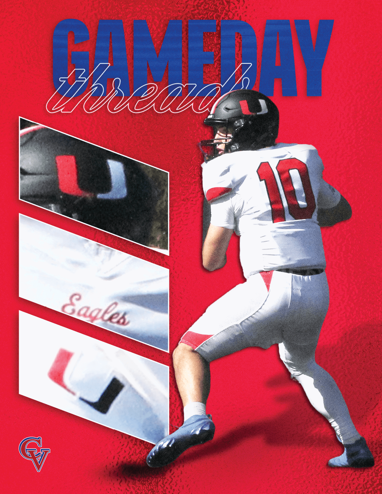 A person in a white and red football uniform with the number 10 is preparing to throw a football against a red background with the words “GAMEDAY" and "Wrestling" and close-up images of a helmet and jersey with a "U" logo and the word "Eagles." Description generated by AI