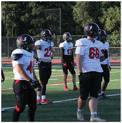 A football game is taking place with a group of men on the field. Description generated by AI