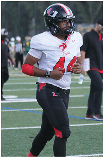 A football player running on the field. Description generated by AI