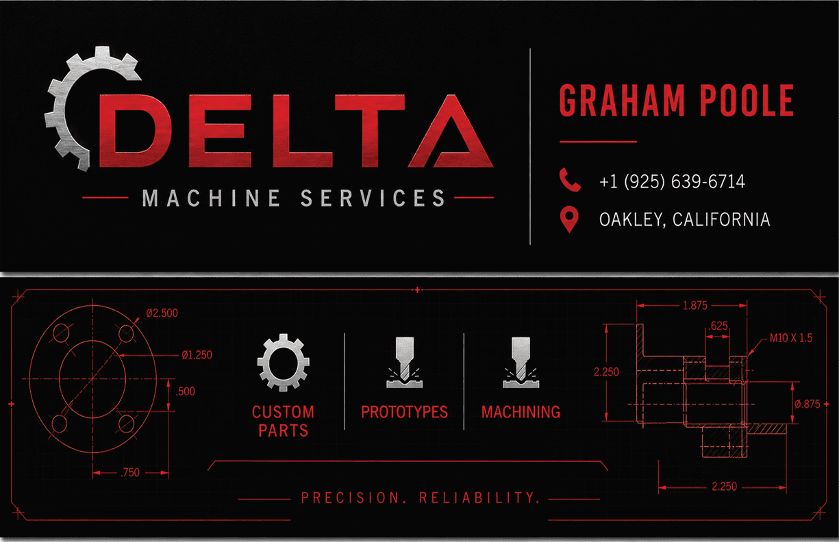 A black and red technical business card design for Delta Machine Services featuring mechanical drawings, the name Graham Poole, contact information, and icons representing custom parts, prototypes, and machining. Description generated by AI