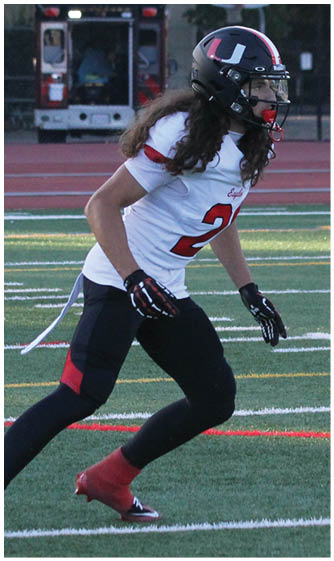 A football player running on the field. Description generated by AI